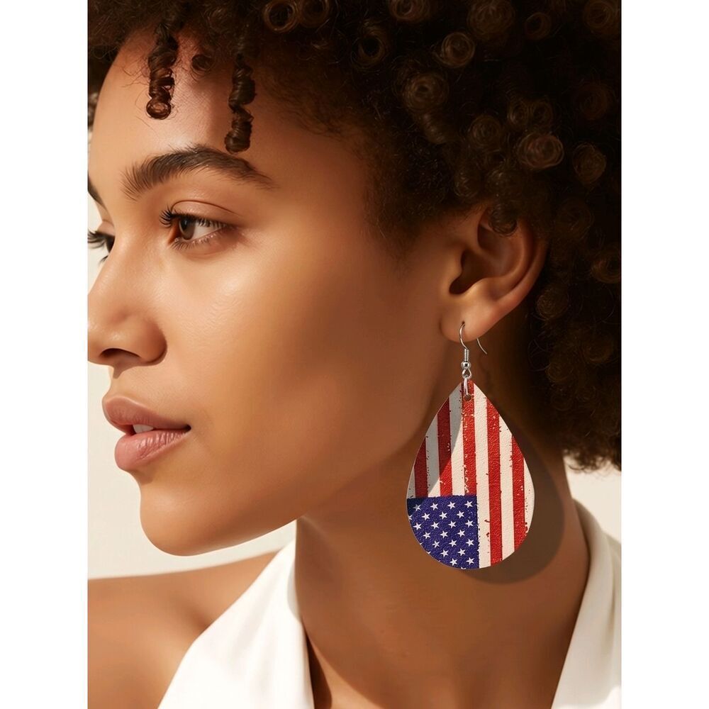 American Flag Faux Leather Teardrop Earrings Patriotic USA Red White Blue Dangle